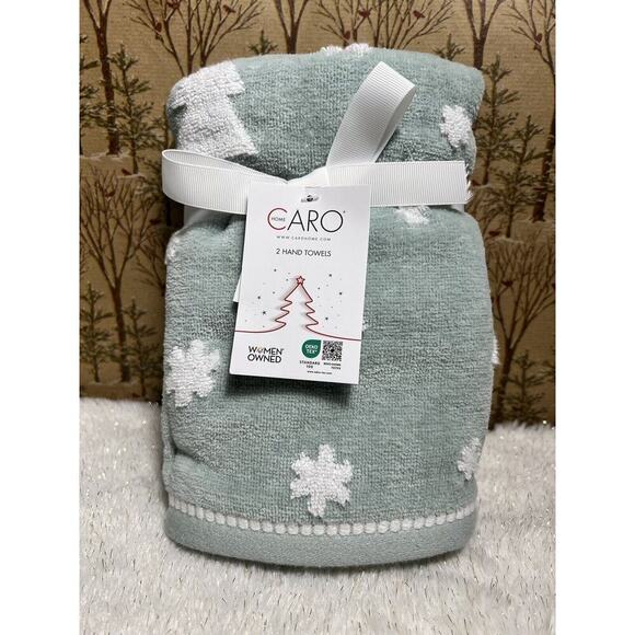 Caro Winter Evergreen Trees Snowflakes Mint Green Plush Bathroom Hand Towels 2 - Picture 1 of 4